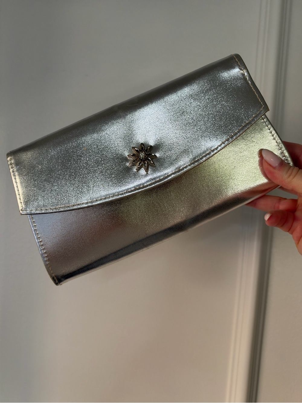 1980's Vintage Metallic Silver Clutch Bag with Floral Accent